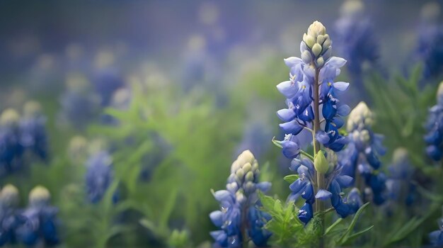 um campo de flores azuis com a palavra flores silvestres na parte superior