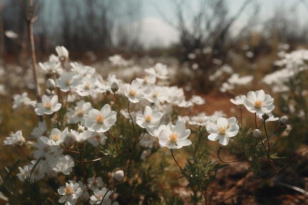 Um campo de flores brancas com o sol brilhando no chão.