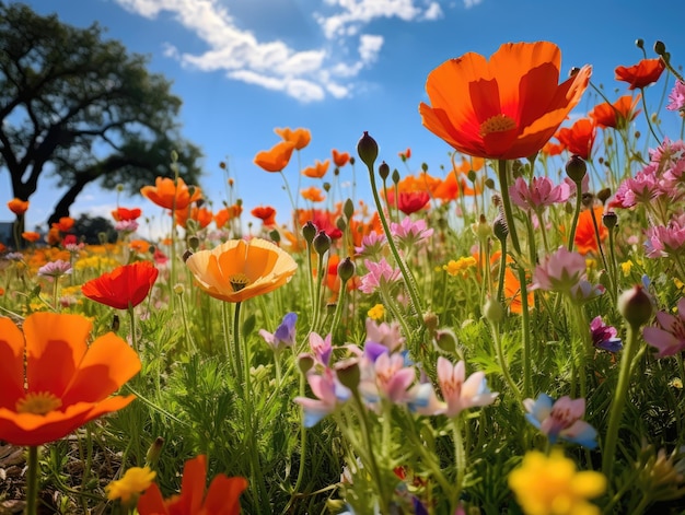 Um campo de flores coloridas