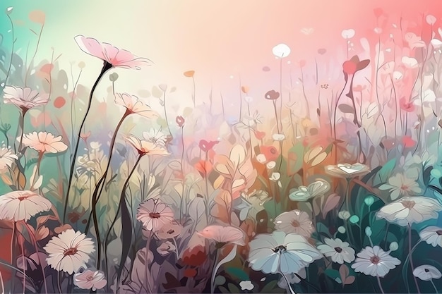 um campo de flores com borboletas e as palavras primavera no fundo