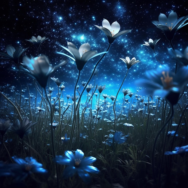Um campo de flores com fundo azul