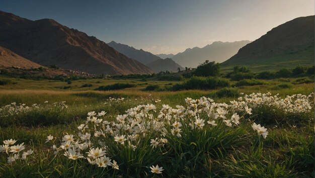 um campo de flores com montanhas ao fundo