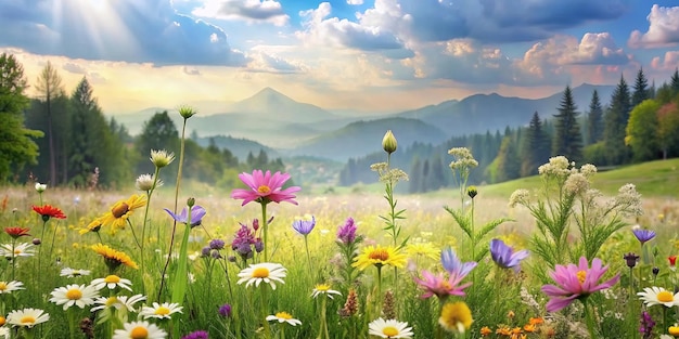 um campo de flores com montanhas ao fundo