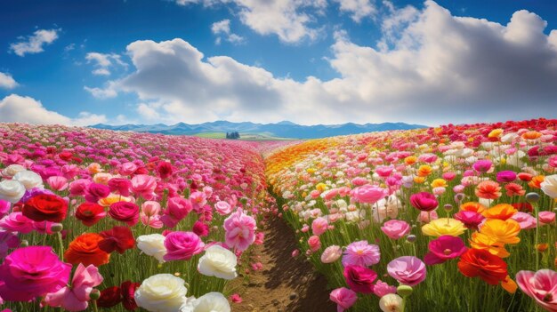 um campo de flores com montanhas ao fundo