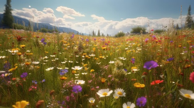 Um campo de flores com montanhas ao fundo