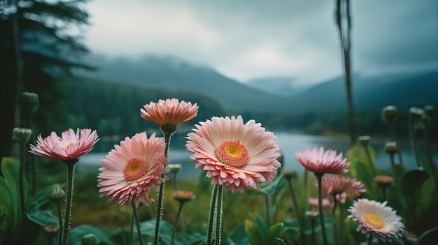 Um campo de flores com montanhas ao fundo