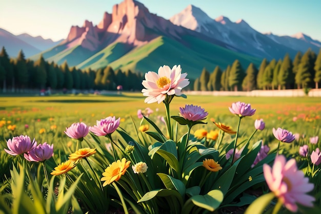 Um campo de flores com montanhas ao fundo