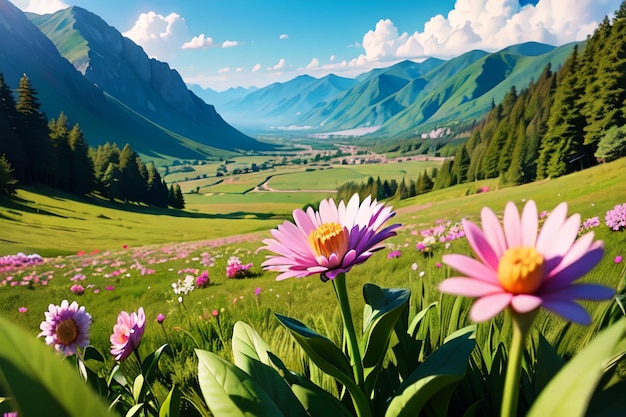 Um campo de flores com montanhas ao fundo