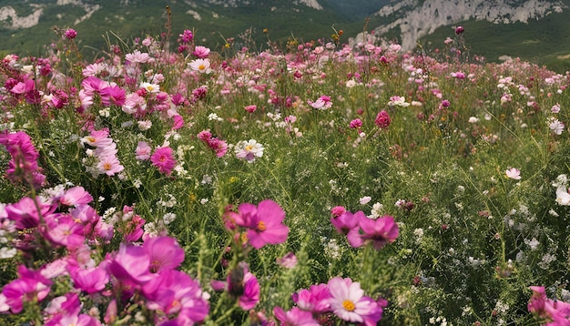 um campo de flores com montanhas ao fundo