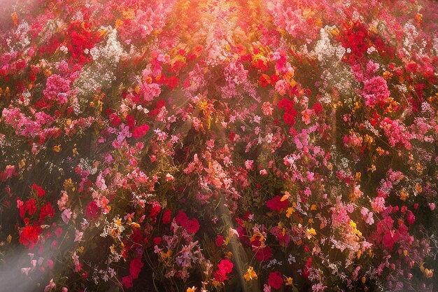 um campo de flores com o sol a brilhar através delas