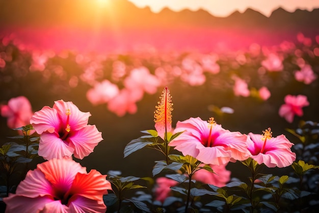 um campo de flores com o sol a pôr-se atrás delas