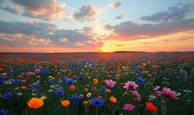 um campo de flores com o sol a pôr-se atrás delas