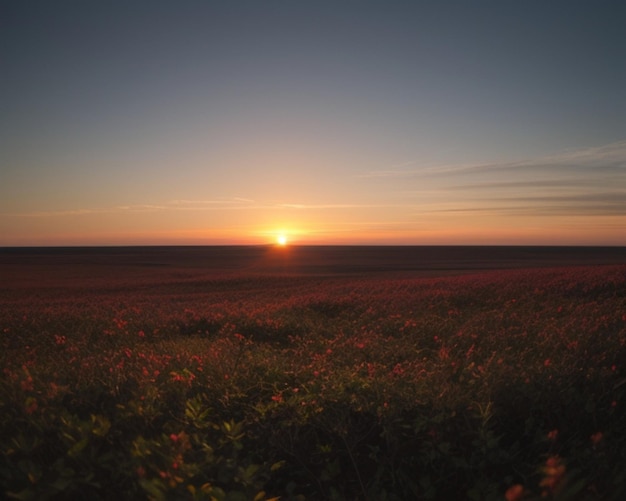 Um campo de flores com o sol a pôr-se atrás delas.