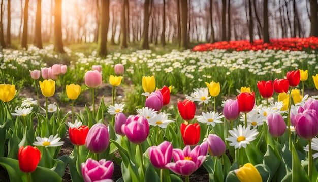 um campo de flores com o sol brilhando através das árvores