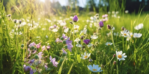 Um campo de flores com o sol brilhando por entre as árvores