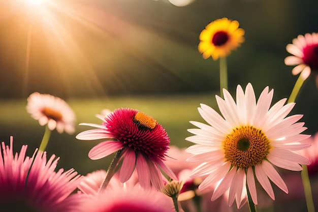 Um campo de flores com o sol brilhando sobre elas