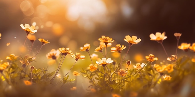 Um campo de flores com o sol brilhando sobre elas