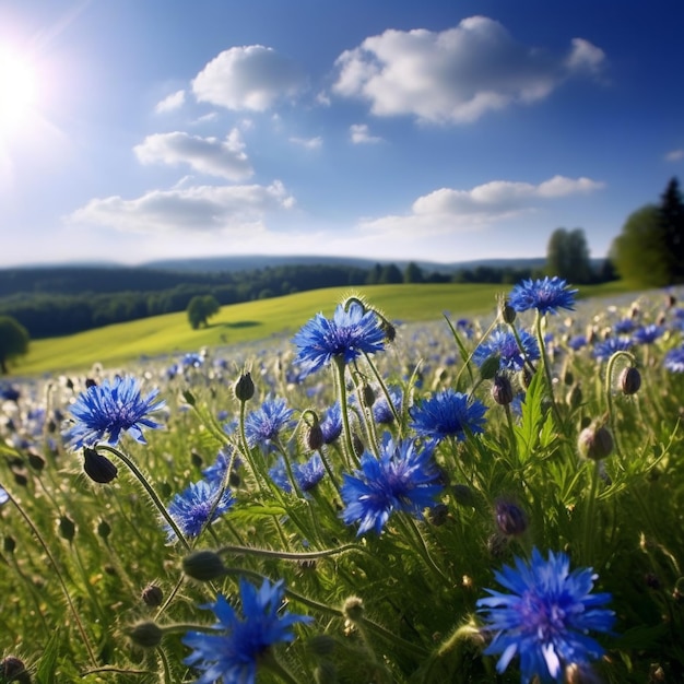 Um campo de flores com o sol brilhando sobre elas