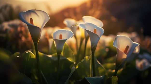 Um campo de flores com o sol se pondo atrás delas generative ai