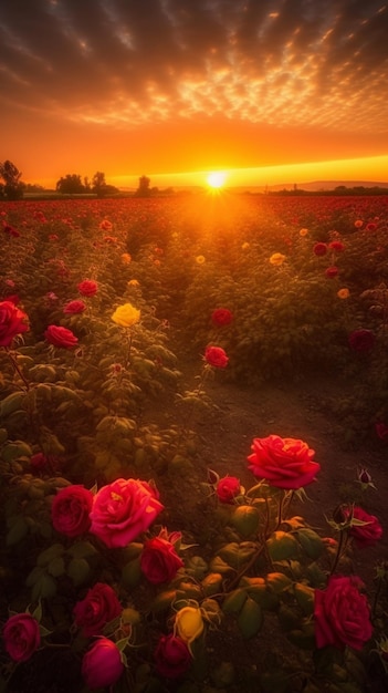 Um campo de flores com o sol se pondo atrás dele