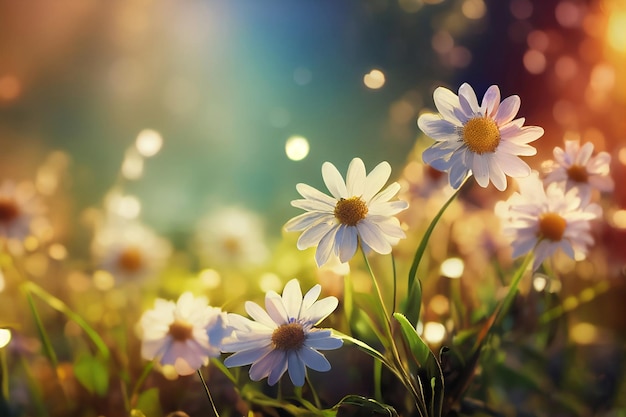 Um campo de flores com um arco-íris ao fundo