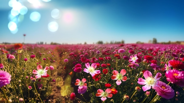 Um campo de flores com um céu azul ao fundo