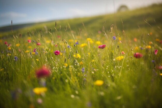 Um campo de flores com um céu azul ao fundo