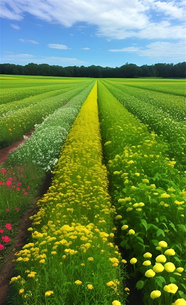 Um campo de flores com um céu azul ao fundo