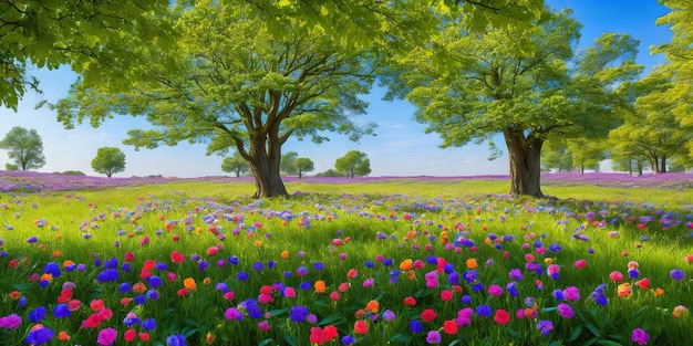 Um campo de flores com um céu azul ao fundo.