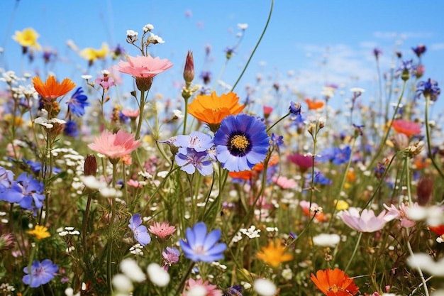 Um campo de flores com um fundo de céu azul