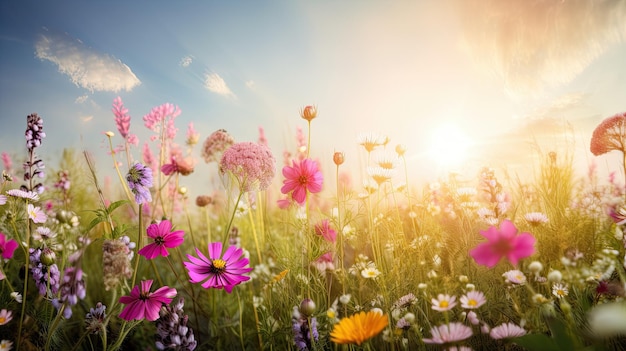 Um campo de flores com um fundo de céu