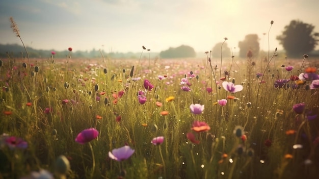 Um campo de flores com um pôr do sol ao fundo