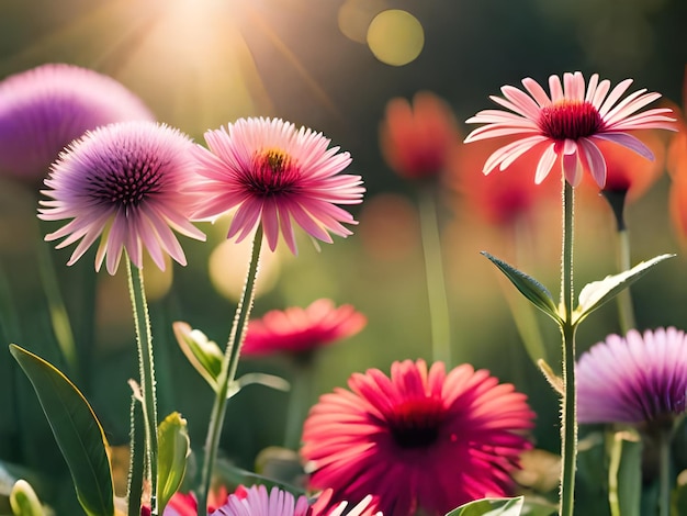 Um campo de flores com um sol brilhando sobre elas