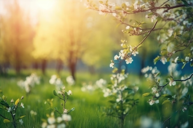 Um campo de flores com uma árvore ao fundo