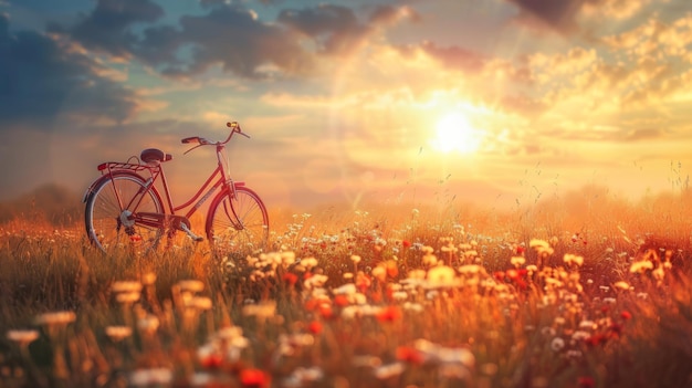 um campo de flores com uma bicicleta e um pôr do sol no fundo