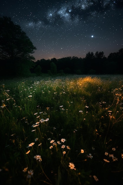 Um campo de flores com uma estrela ao fundo