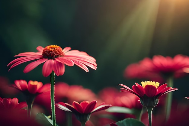 Um campo de flores com uma flor amarela no meio