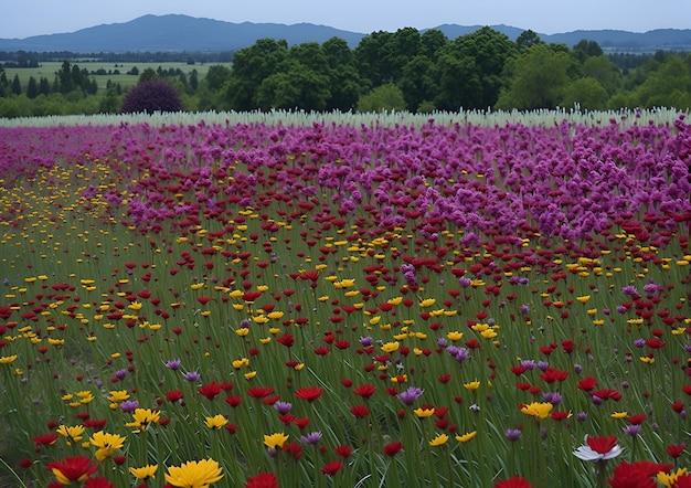 Foto um campo de flores com uma montanha ao fundo