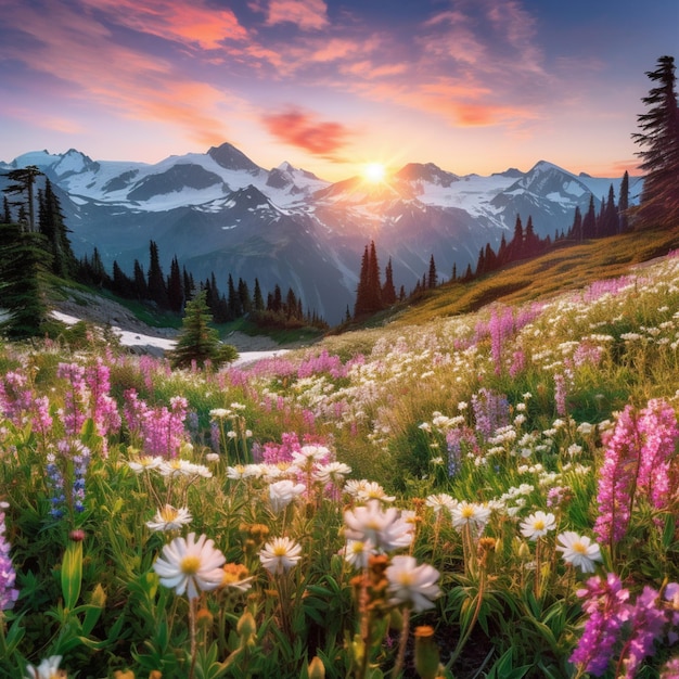 Um campo de flores com uma montanha ao fundo