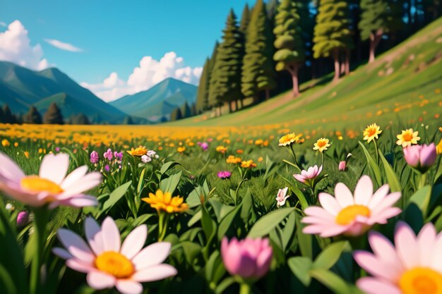 Um campo de flores com uma montanha ao fundo