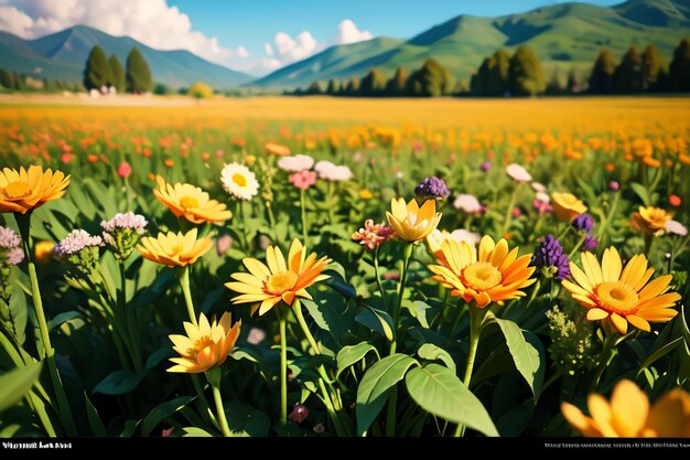 Um campo de flores com uma montanha ao fundo