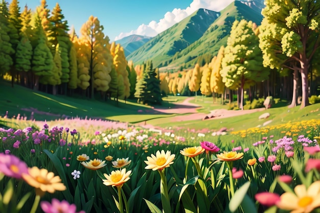 Um campo de flores com uma montanha ao fundo