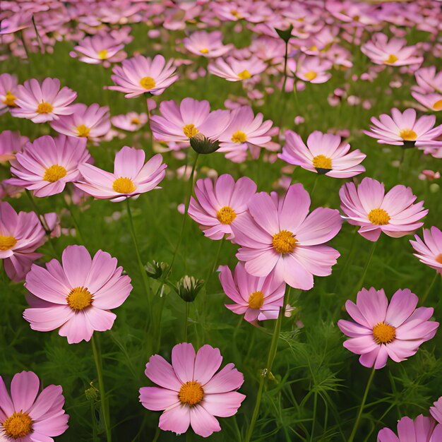 Foto um campo de flores cor-de-rosa com centro amarelo e um centro amarelo