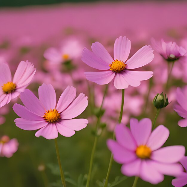 um campo de flores cor-de-rosa com centros amarelos no meio