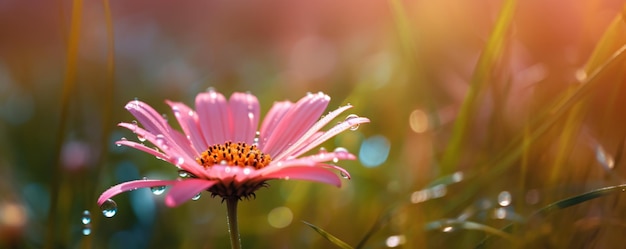 um campo de flores cor de rosa com gotas de água