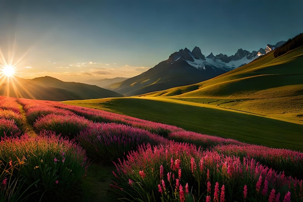 Um campo de flores cor de rosa com montanhas ao fundo