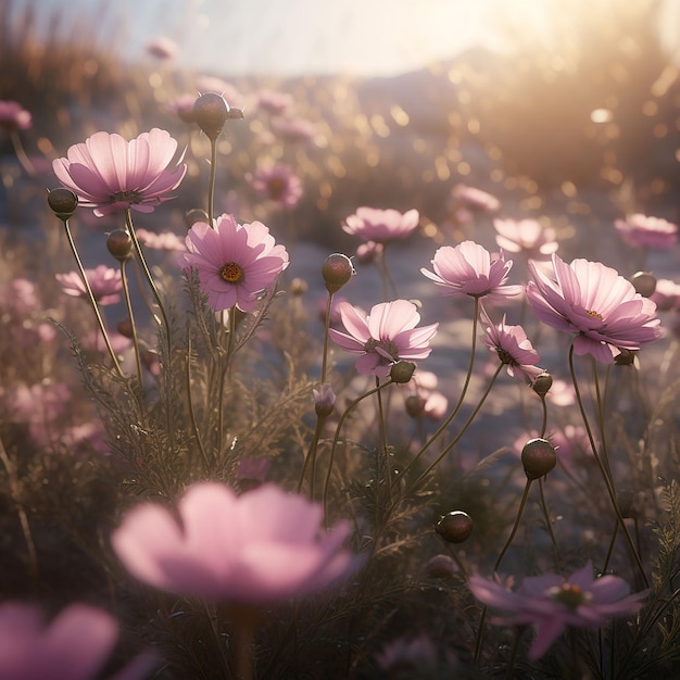 Um campo de flores cor de rosa com o sol brilhando sobre elas