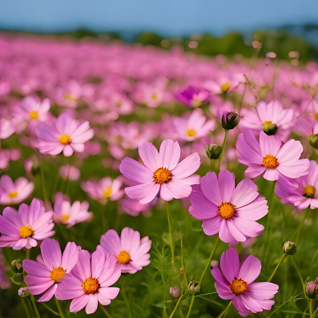 Foto um campo de flores cor-de-rosa com um céu azul ao fundo