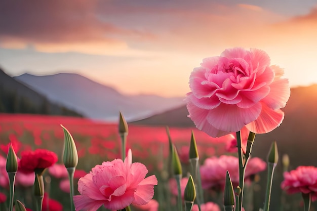 Um campo de flores cor de rosa com um pôr do sol ao fundo