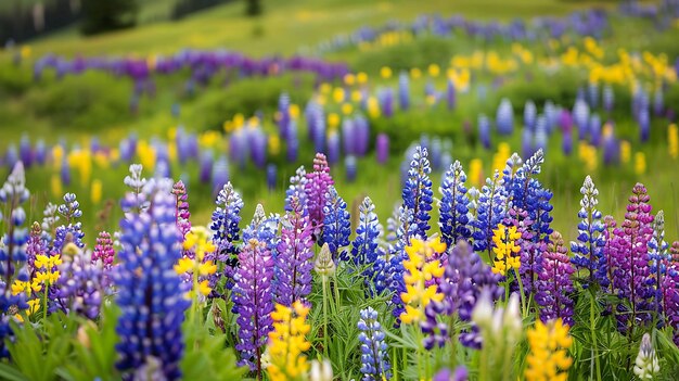 Um campo de flores de lúpulo coloridas em flor as flores são principalmente roxas azuis e amarelas e são todas de alturas diferentes